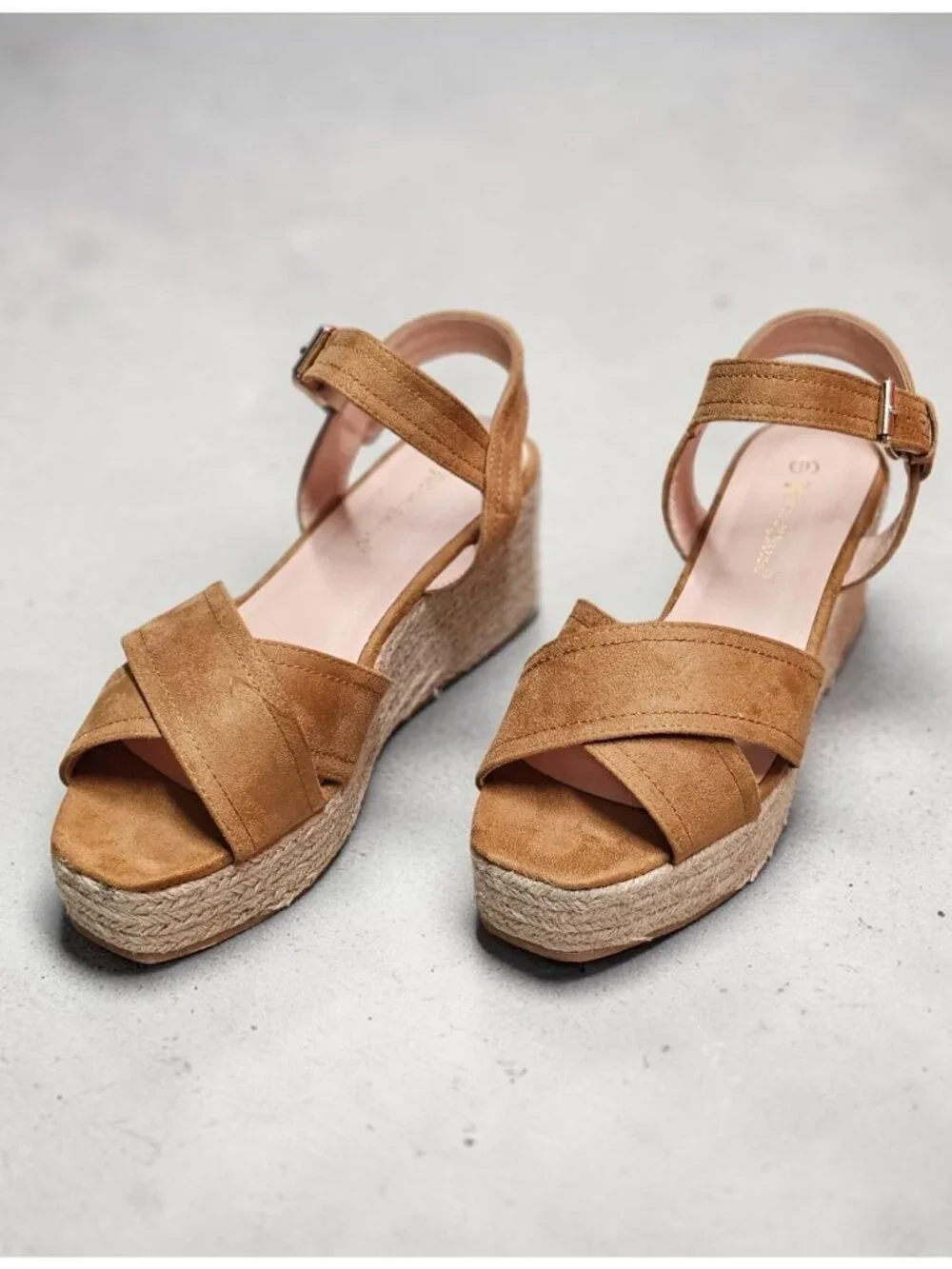 Camel Suede Espadrille Wedge Sandals With Ankle Strap & Buckle Closure For Women